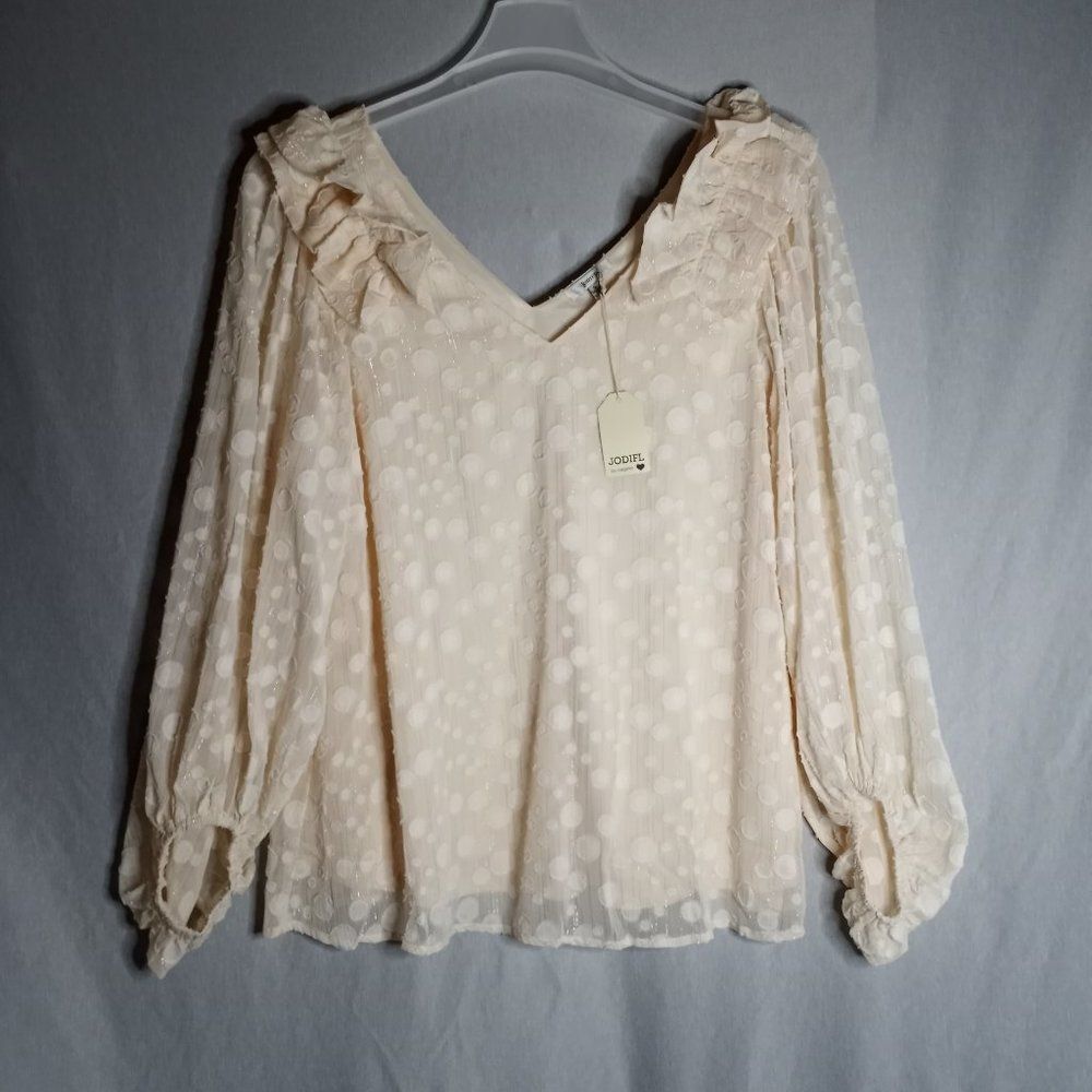 Jodifl Women's Beige Puff Long Sleeve Embroidered Peasant Top Size S